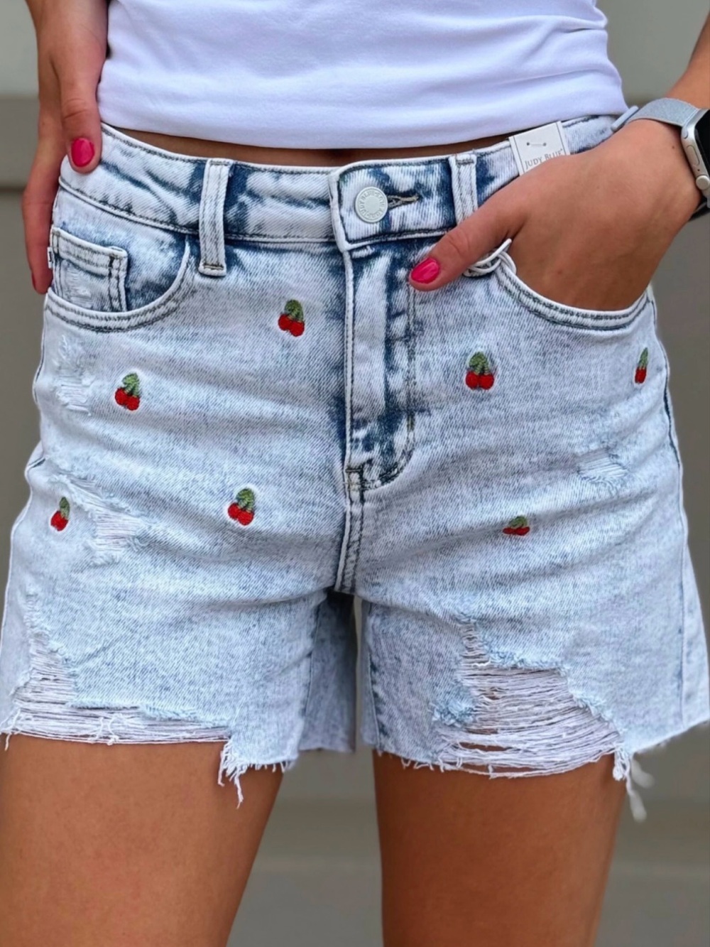 Judy Blue High-Rise Cherry Denim Shorts - light Wash Size Small 100% Cotton